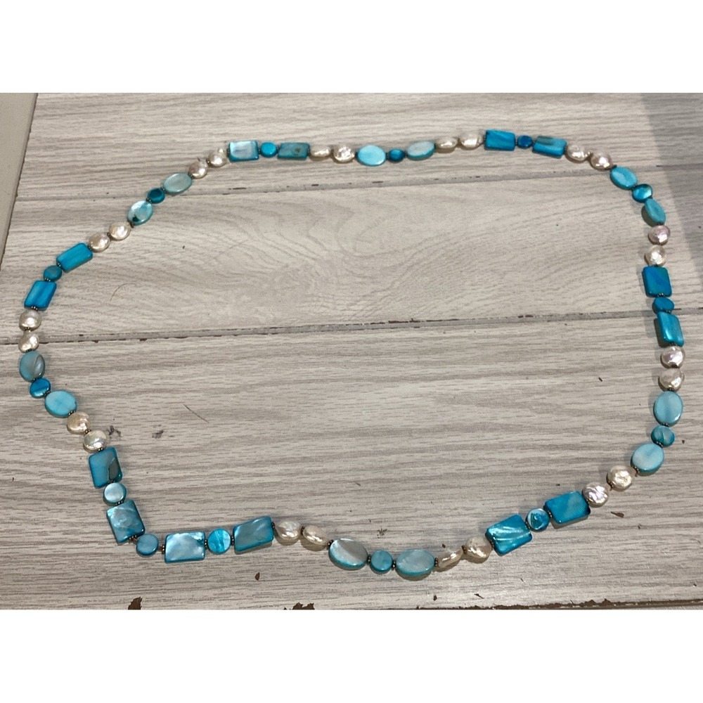 SIlvertone 38" Necklace w/ Aqua‎ & White Beaded Square & Round Vintage